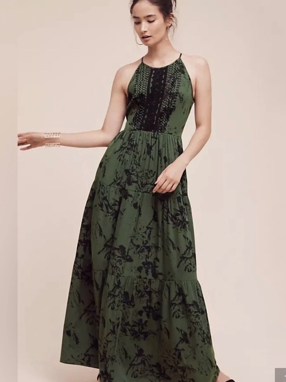 Ranna Gill Anthropologie NWT Herbaliste Green Floral Halter Maxi Dress